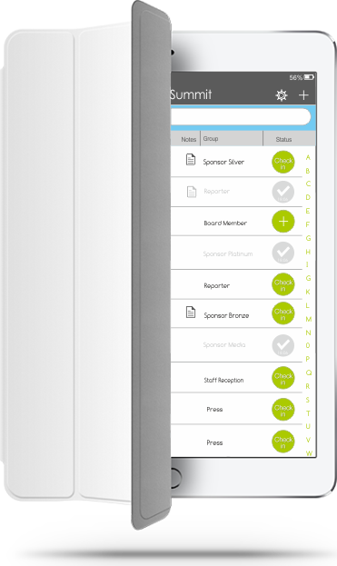 Tablet with EventReception's event check-in app e-guestlist, showing a list of participants and check-in buttons.